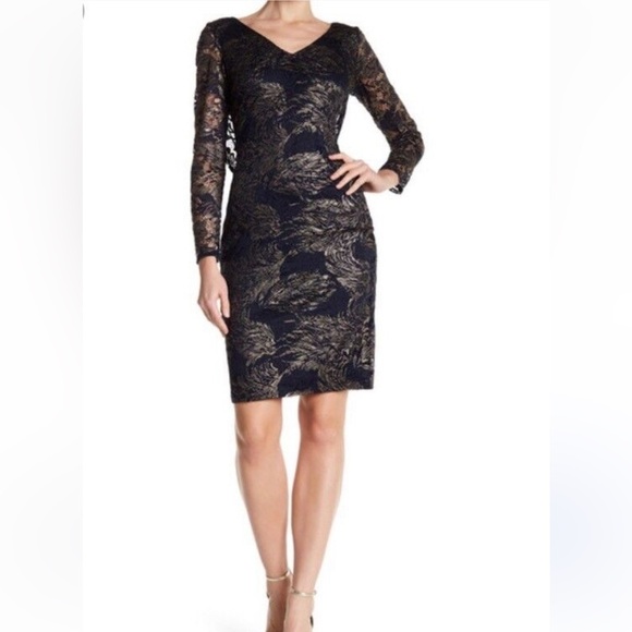 Marina cocktail stretch lace foil dress STATEMENT sheer BACK sheath navy gold L - Picture 3 of 16